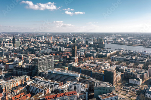 Obraz na płótnie Cityscape of Hamburg, Germany, on the sunny day. Aerial panoramic view on the city center, Hafencity and St Pauli district w salonie