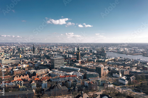 Cityscape of Hamburg  Germany  on the sunny day. Aerial panoramic view on the city center  Hafencity and St Pauli district