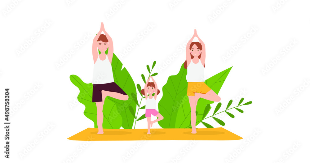 Family Yoga at the park. Mother, father, and daughter demonstrating tree yoga pose. Vector illustration