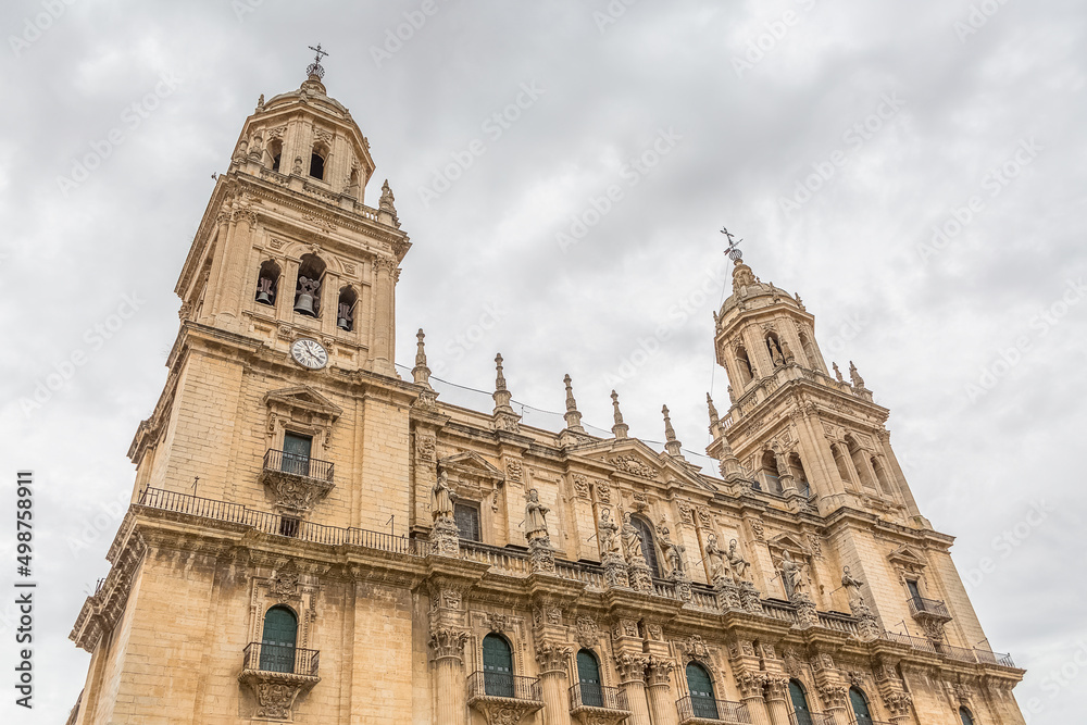 Detailed view at the Jaén Cathedral, baroque-Renaissance cathedral housing the noted Santo Rostro relic and religious art museum on Plaza Santa Maria, Jaén city downtown