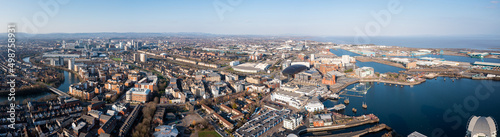 Aerial view of Cardiff Bay, the Capital of Wales, United Kingdom 2022 on a clear sky spring day