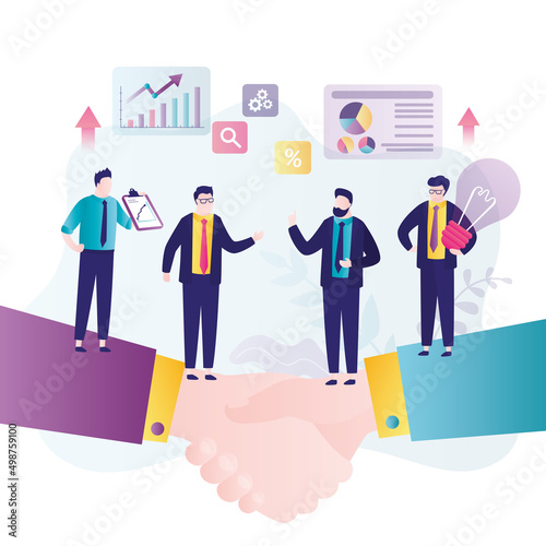 Company leaders at business meeting discuss partnership. Male character makes financial deal with investor