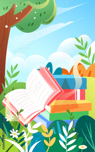 Boy reading a book outdoors with various plants and trees in the background, vector illustration