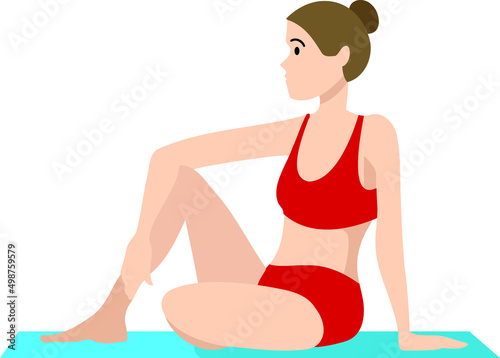 Ilustración vector. Mujer sentada practicando yoga sobre una pequeña alfombra