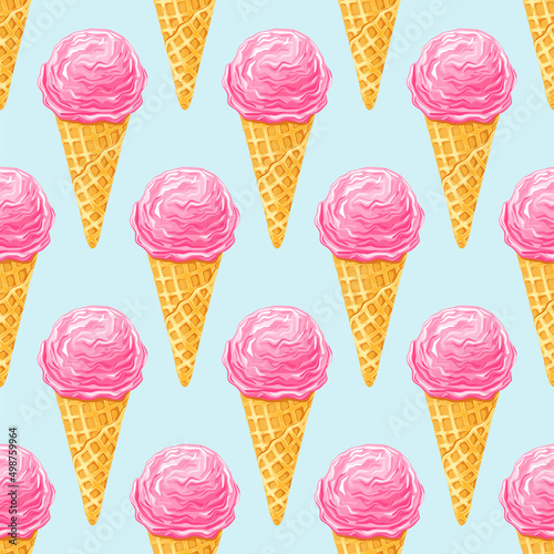Pink strawberry ice cream . Seamless pattern on blue background. Texture for fabric, wrapping, wallpaper. Decorative print. 