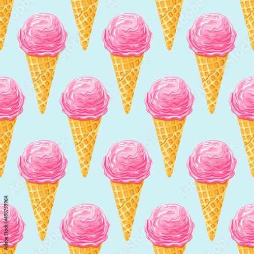 Pink strawberry ice cream . Seamless pattern on blue background. Texture for fabric, wrapping, wallpaper. Decorative print.	
	
