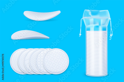 Cotton round cosmetic pads and packaging realistic vector set on blue background.