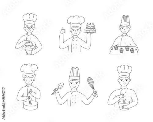 Set of bakers cooking baking bread and desserts. Food recipe.