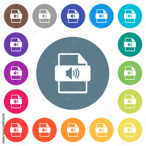 Sound file type flat white icons on round color backgrounds