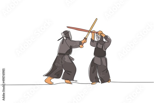 One single line drawing of two young energetic man exercise kendo combat match with wooden sword at gym center vector illustration. Combative fight sport concept. Modern continuous line draw design