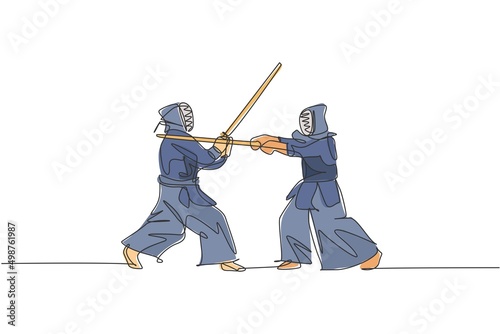 Single continuous line drawing of two young sportive men practicing kendo martial art skill on gym sport center. Sparring fight. Fighting sport concept. Trendy one line draw design vector illustration