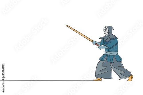 One single line drawing of young energetic man exercise kendo stance position with wooden sword at gym center vector illustration. Combative fight sport concept. Modern continuous line draw design