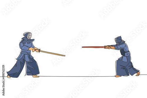 One single line drawing of two young energetic man stance before kendo fight with wooden sword at gym center vector illustration. Combative fight sport concept. Modern continuous line draw design