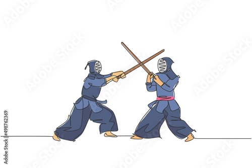 Single continuous line drawing of young sportive men practicing kendo martial art skill on gym sport center. Sparring partner. Fighting sport concept. Trendy one line draw design vector illustration