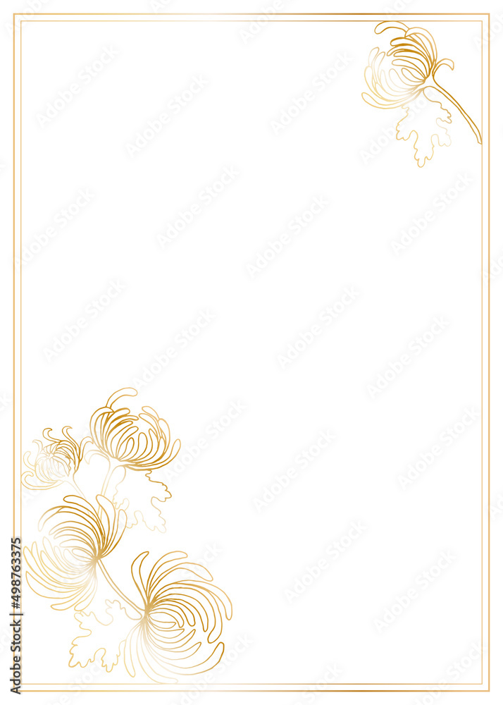 Obraz premium Rectangular postcard template with frame and chrysanthemum flowers in the corner, gold gradient outline image. Vector illustration for festive design.
