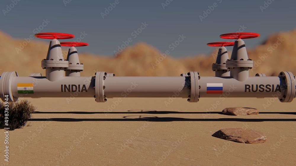  The gas pipeline with flags of Russia and India. 3d rendering