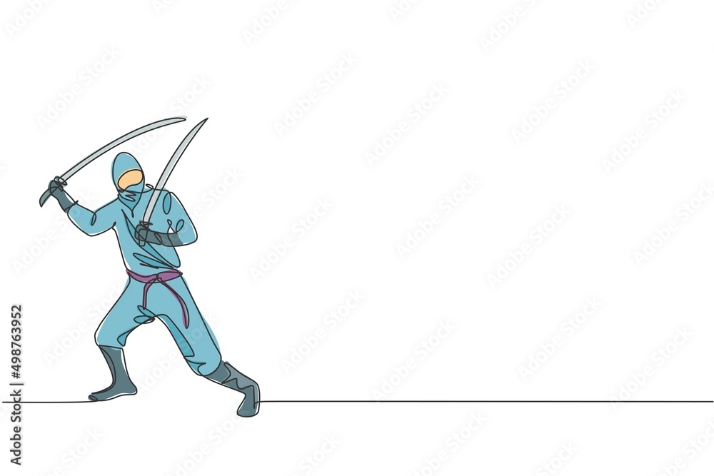 One single line drawing of young energetic Japanese traditional ninja holding samurai swords on attack pose vector illustration. Combative martial art sport concept. Modern continuous line draw design