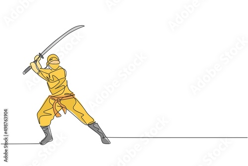 One single line drawing of young energetic Japanese traditional ninja holding samurai sword on attack pose vector illustration. Combative martial art sport concept. Modern continuous line draw design