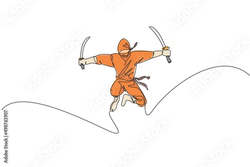 Single continuous line drawing of young Japanese culture ninja warrior on mask costume with jumping attack pose. Martial art fighting samurai concept. Trendy one line draw design vector illustration
