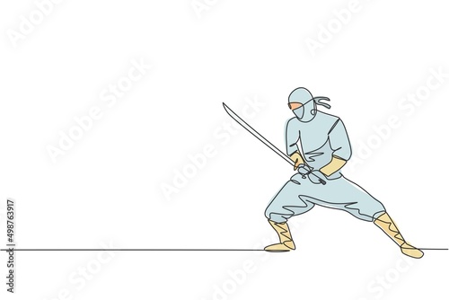 One single line drawing of young energetic Japanese traditional ninja holding samurai sword on attack pose vector illustration. Combative martial art sport concept. Modern continuous line draw design