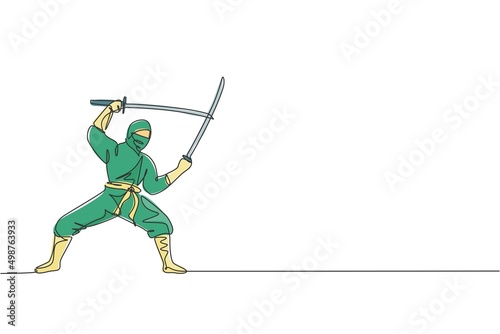 One single line drawing of young energetic Japanese traditional ninja holding samurai swords on attack pose vector illustration. Combative martial art sport concept. Modern continuous line draw design