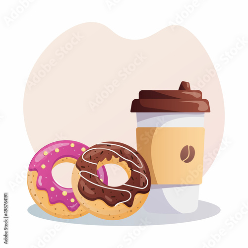 cup of coffee and chocolate and pink donuts