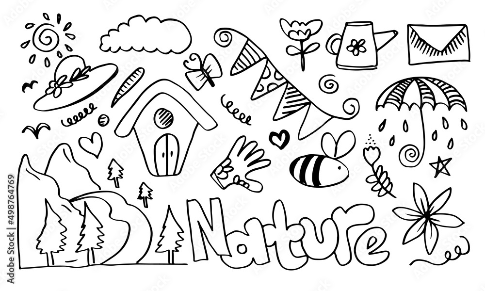 Creative art doodles hand drawn Design illustration with text Nature with hand drawn hills, birds, leaves, clouds, water and other elements. Web banner for other elements of nature.Vector illustration