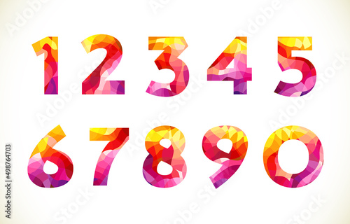 Fiery and flamy red number collection. Set of numbers. Creative stained glass typography. Isolated abstract graphic design template. Mosaic texture, coloured signs 1 - 10, up 0 to 9. Facet art style.