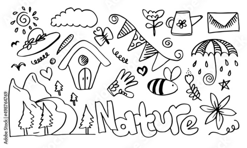 Creative art doodles hand drawn Design illustration with text Nature with hand drawn hills, birds, leaves, clouds, water and other elements. Web banner for other elements of nature.Vector illustration