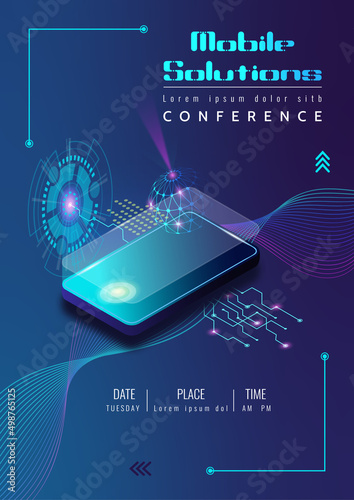 Mobile solutions poster template design. Concept of apps and development software for smartphone to connect in global world. Modern 3d isometric vector illustration.