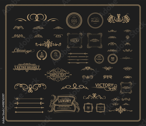 Vintage set decor elements for wedding cards, decorating valentines, vector framing title of different printed products. Vintage patterns, frames and weaves on a white background. Exclusive brown icon