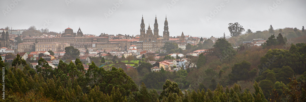 3x1 Panoramic View of the Historic Old Town and Cathedral of Saint James in Santiago de Compostela, Spain