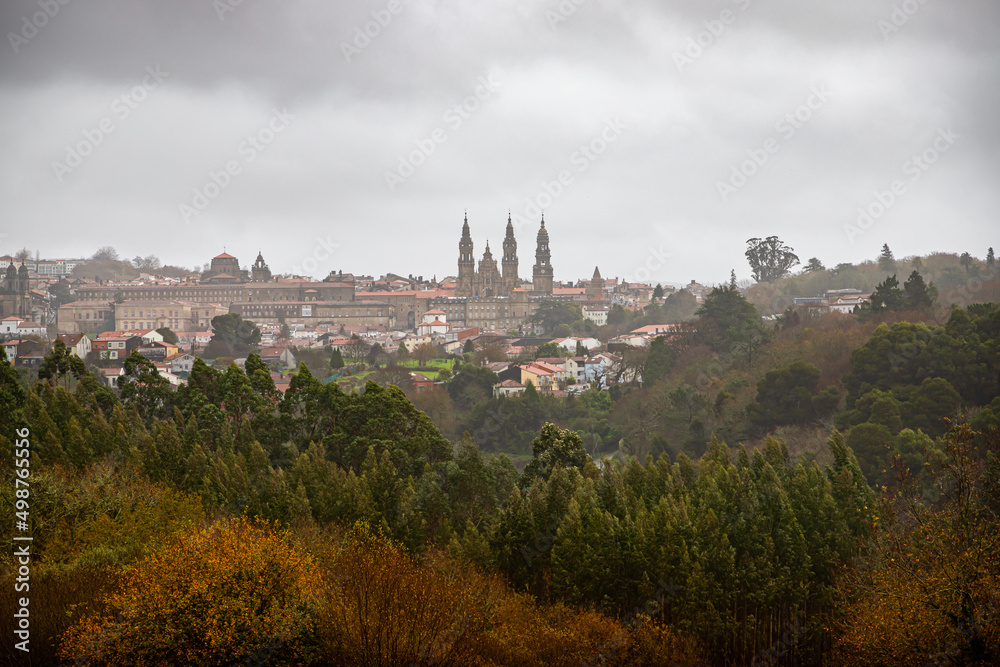 Panoramic View of the Historic Old Town and Cathedral of Saint James in Santiago de Compostela, Spain