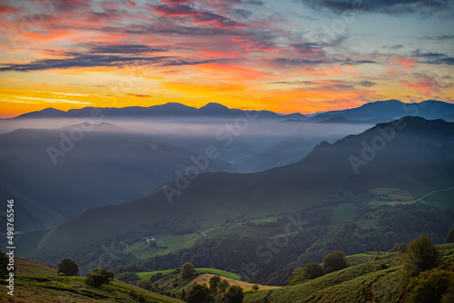 Beautiful Sunrise over the Pyrenean Mountains Countryside outside Orisson along the Way of St James Pilgrimage Trail Camino de Santiago photo