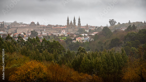 Panoramic View of the Historic Old Town and Cathedral of Saint James in Santiago de Compostela  Spain