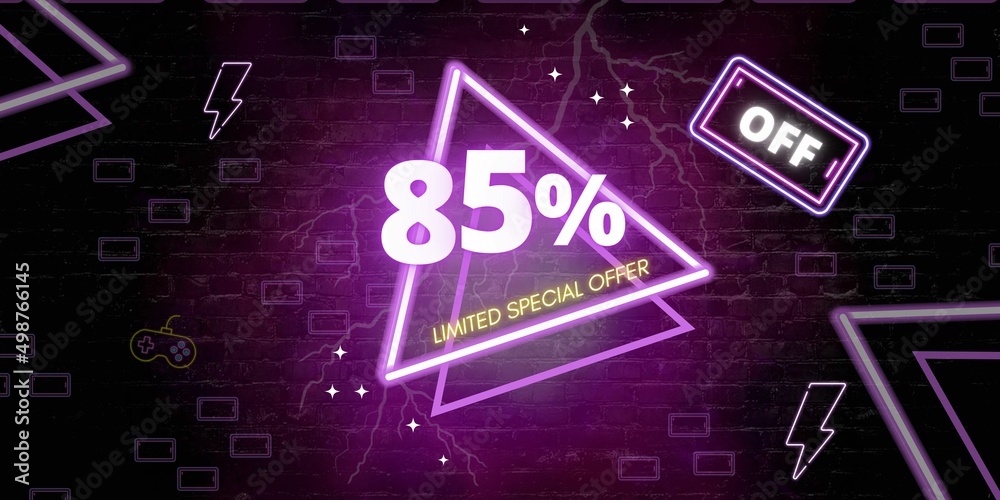 85% off limited special offer. Banner with eighty five percent discount on a black background with purple triangles neon 85% off limited special offer. Banner with eighty five percent discount on a black background with purple triangles neon
