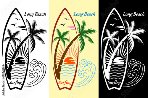 Seascape in surfboard frame drawing printable emblem isolated