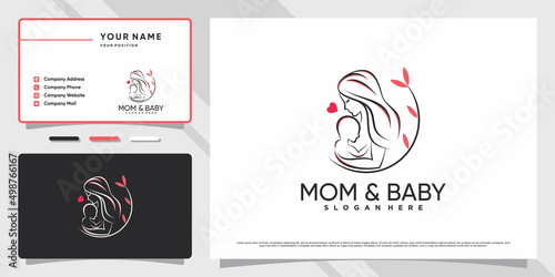 Mom and baby logo with creative element and business card design Premium Vector