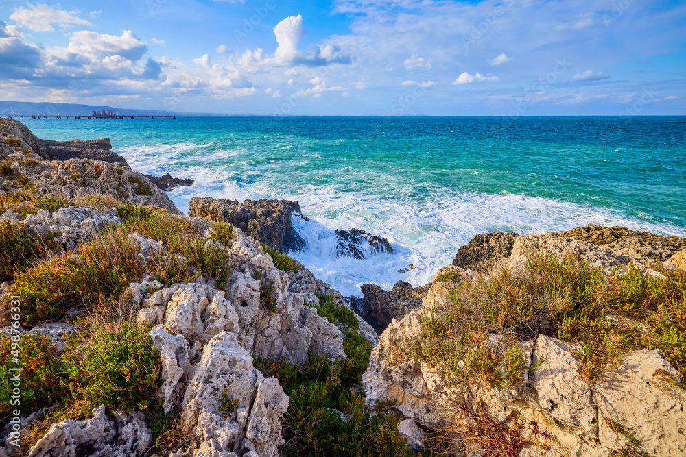 Beautiful landscape with a rocky sea shore on a sunny day