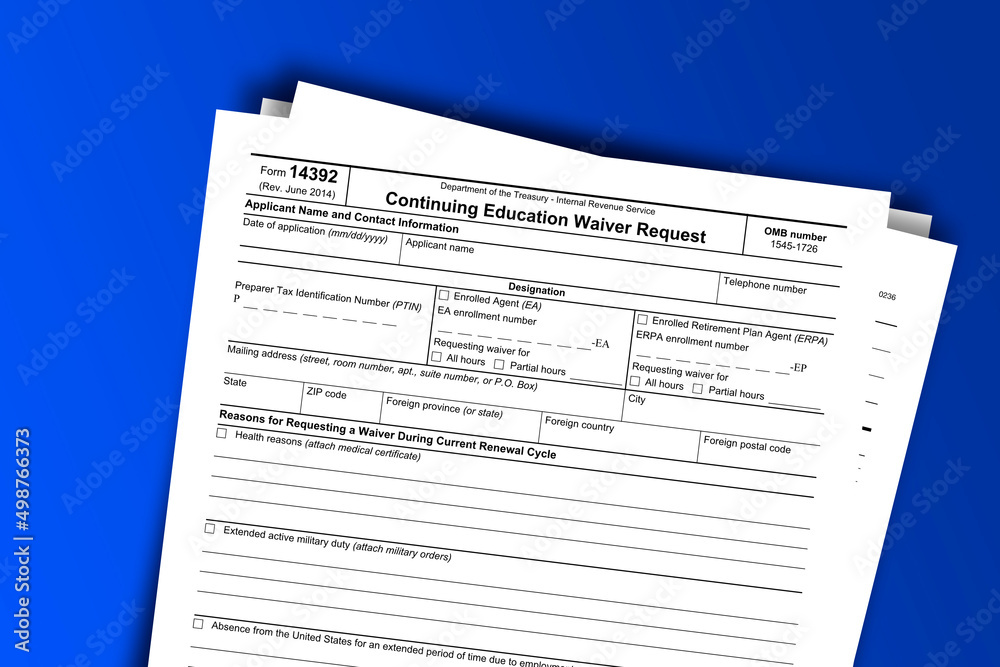 Fototapeta premium Form 14392 documentation published IRS USA 03.23.2017. American tax document on colored