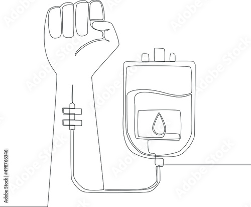 Continuous one line drawing blood bag and hand of donor. Single line draw design vector graphic illustration.