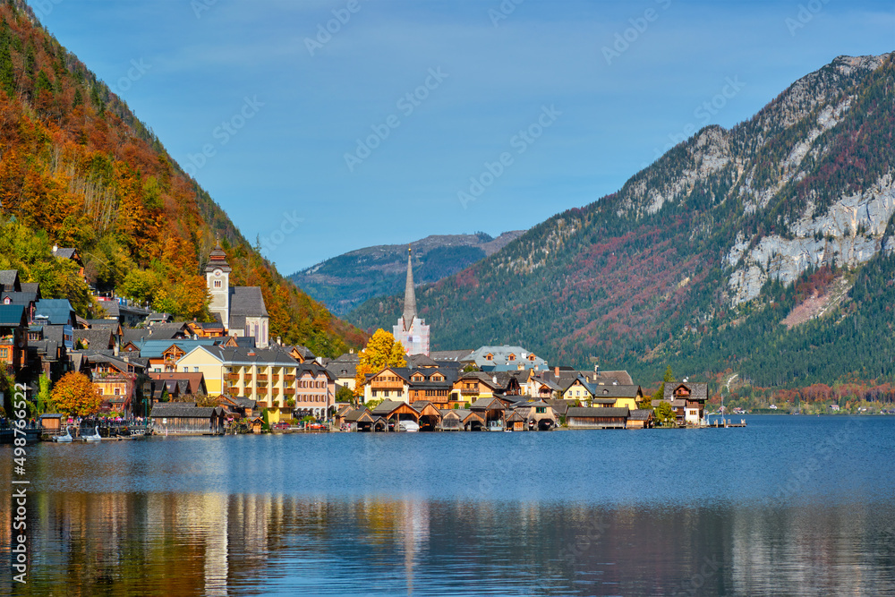Austrian tourist destination Hallstatt village on Hallstatter See lake in Austrian alps in autumn. Salzkammergut region, Austria