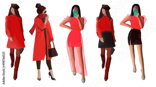 group of women in fashionable clothes in red color, fashion girls, vector illustration