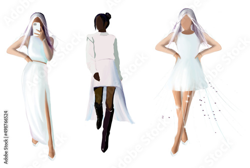a group of women in fashionable clothes in white color, girls in wedding dresses, evening dresses, graduation dresses in school, college, vector illustration