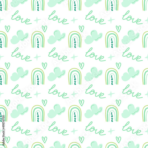 Cute vector seamless rainbow pattern. Print on theme of love, spring, summer, nature. Beautiful fashionable packaging, print for fabric, postcard, cover, banner, poster. Boho baby pattern