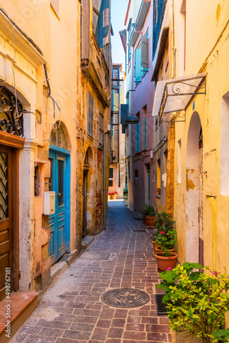 Fototapeta Naklejka Na Ścianę i Meble -  Scenic picturesque streets of Chania venetian town with coloful old houses. Chania greek village in the morning. Chanica, Crete island, Greece