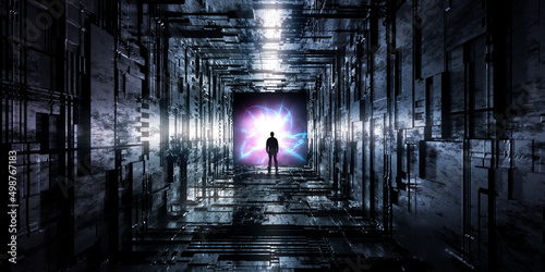 Fototapeta Naklejka Na Ścianę i Meble -  Dark abstract Sci Fi Square Tunnel background. Man Standing with Glowing Light Rays. 3d Rendering