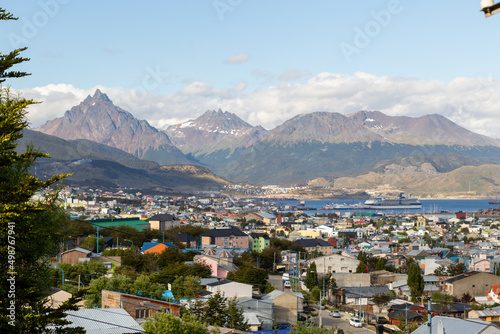 A view from panorama to the harbor and mountains of Ushuaia city