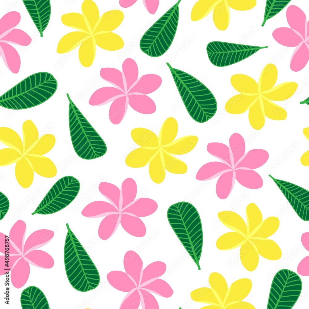Vector seamless pattern with Plumeria or Frangipani tropical flowers and leaves on white background. Tropical floral colorful background. Blooming Plumeria, Summer vibe graphic design. Vector seamless pattern with Plumeria or Frangipani tropical flowers and leaves on white background. Tropical floral colorful background. Blooming Plumeria, Summer vibe graphic design.