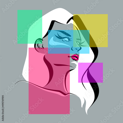 Abstract colored portrait of a white-haired woman with red lips.